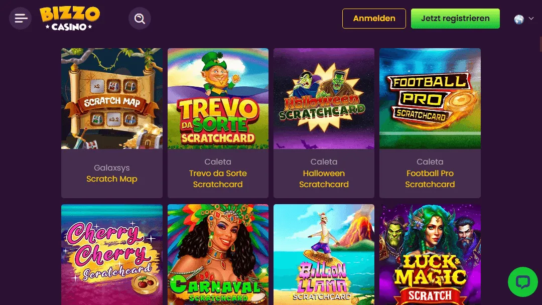 Cartes à gratter disponibles sur Bizzo Casino