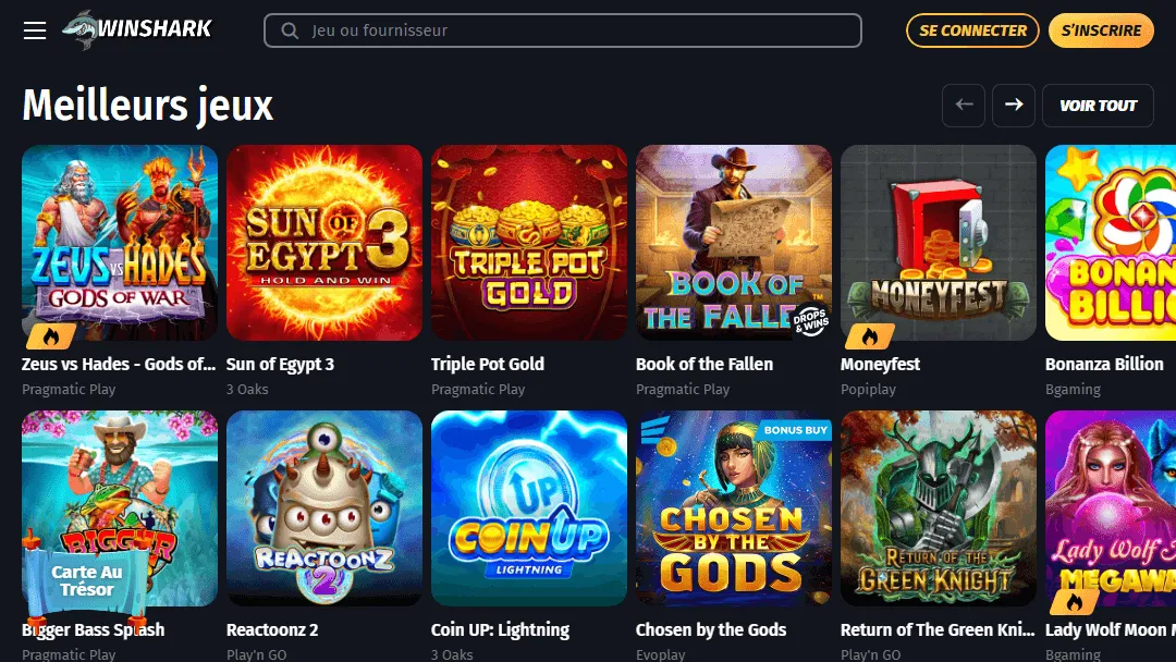 Machines à sous disponibles dans le catalogue de jeux Winshark