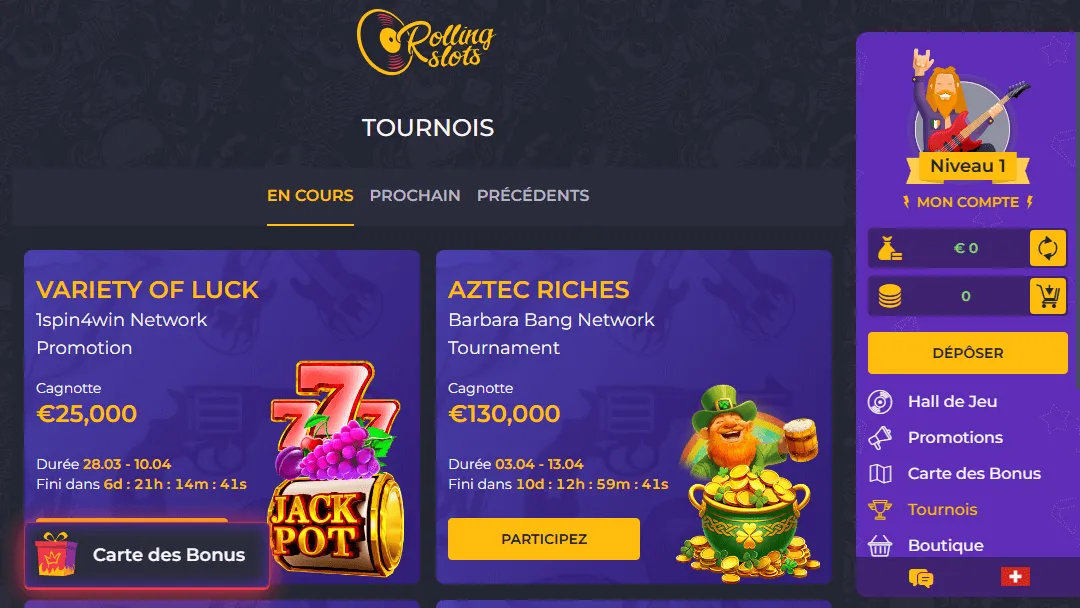 Tournois disponibles sur le casino Rolling Slots