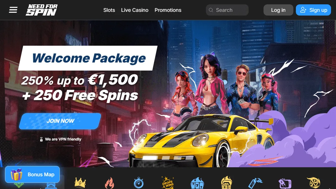 Need for Spin welcome bonus banner and available slots