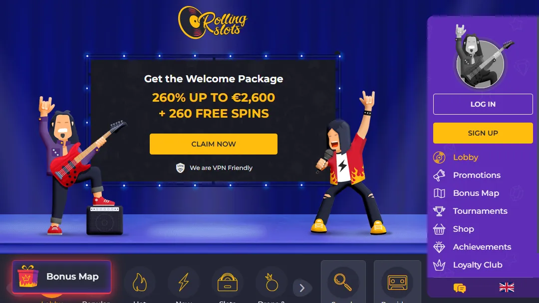 welcome bonus banner and slots available at rolling slots casino