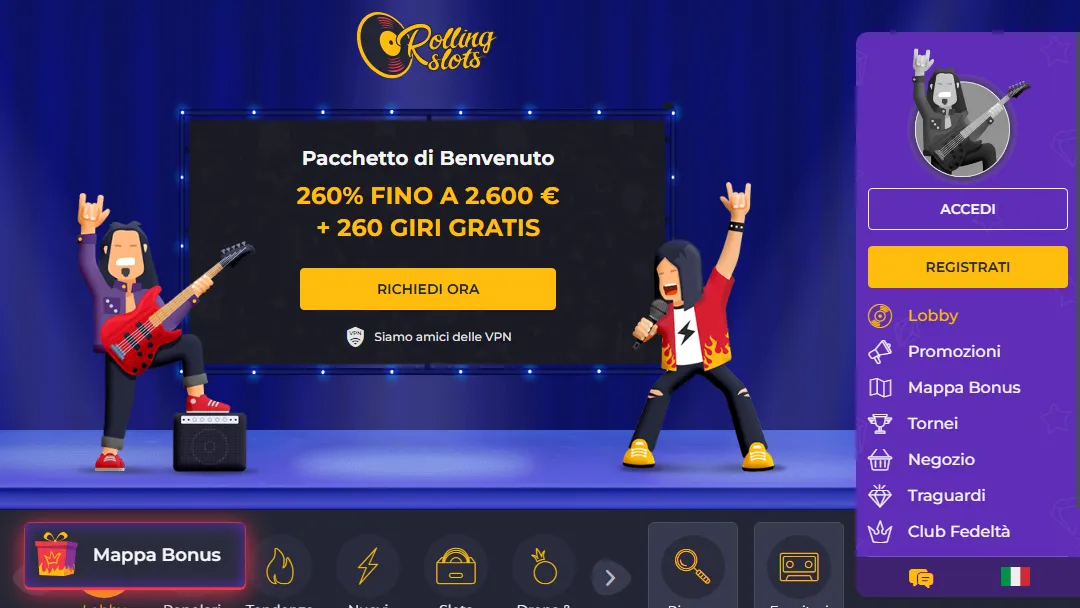 Banner del pacchetto di benvenuto di Rolling Slots
